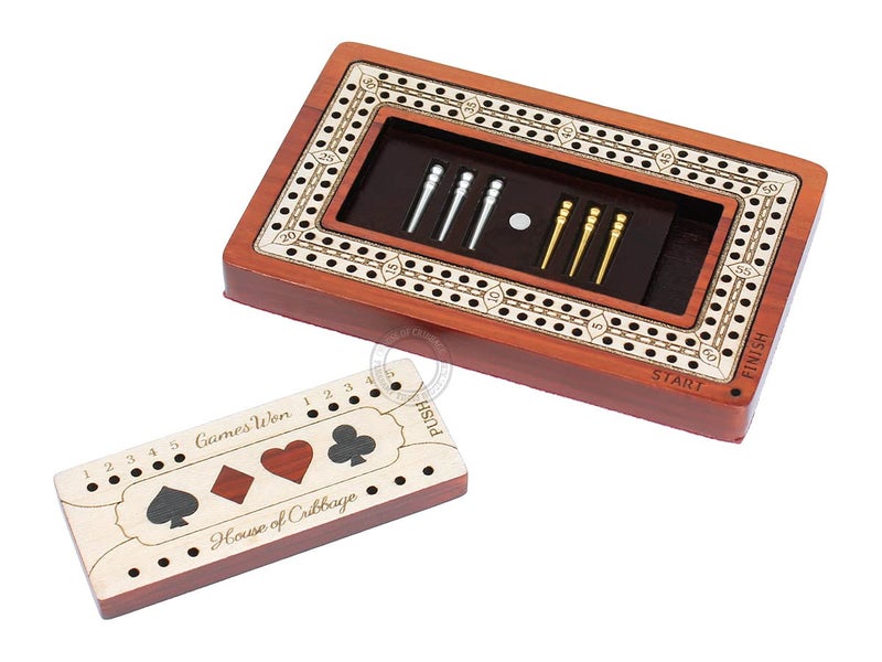 House of Cribbage - 2 Track - Wooden Travel/Pocket Size Cribbage Board - 4 Inch - Inlaid in Bloodwood/Maple Wood with Storage Space for Cribbage Pegs - 60 Points - Non Continuous - Image 3